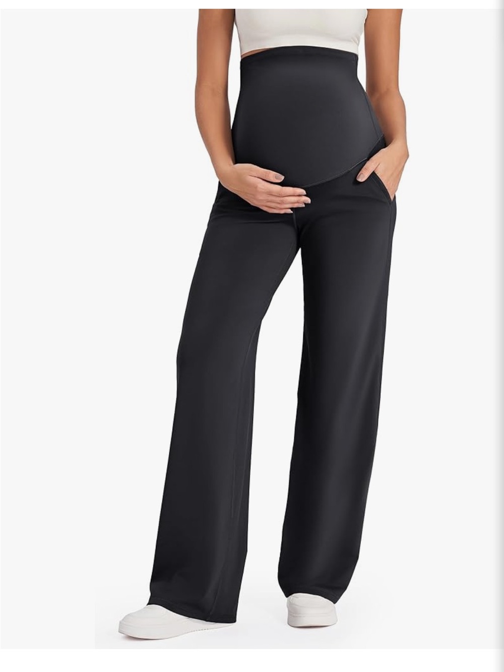Black Wide-Leg Maternity Pants with Supportive Panel